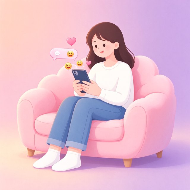 FlAi女孩捧着手机与AI人设甜蜜聊天的暖心插画